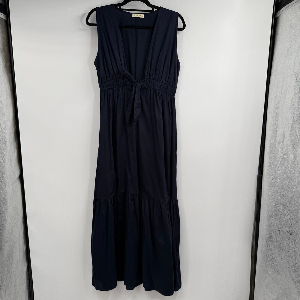 Stark X Cotton Tiered Maxi Dress Womens Size S Navy Blue Sleeveless